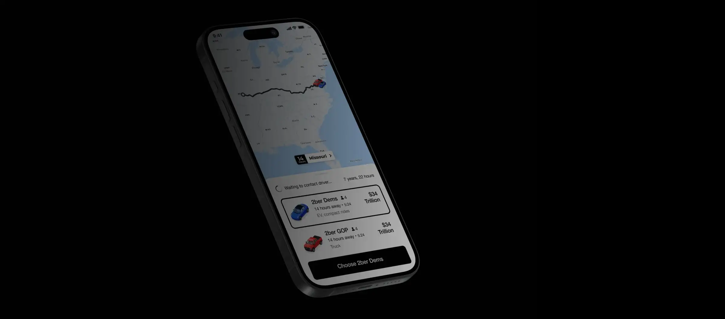 Un teléfono flotando sobre negro con la app de transporte 2ber: un mapa con una ruta y solo dos opciones de viaje