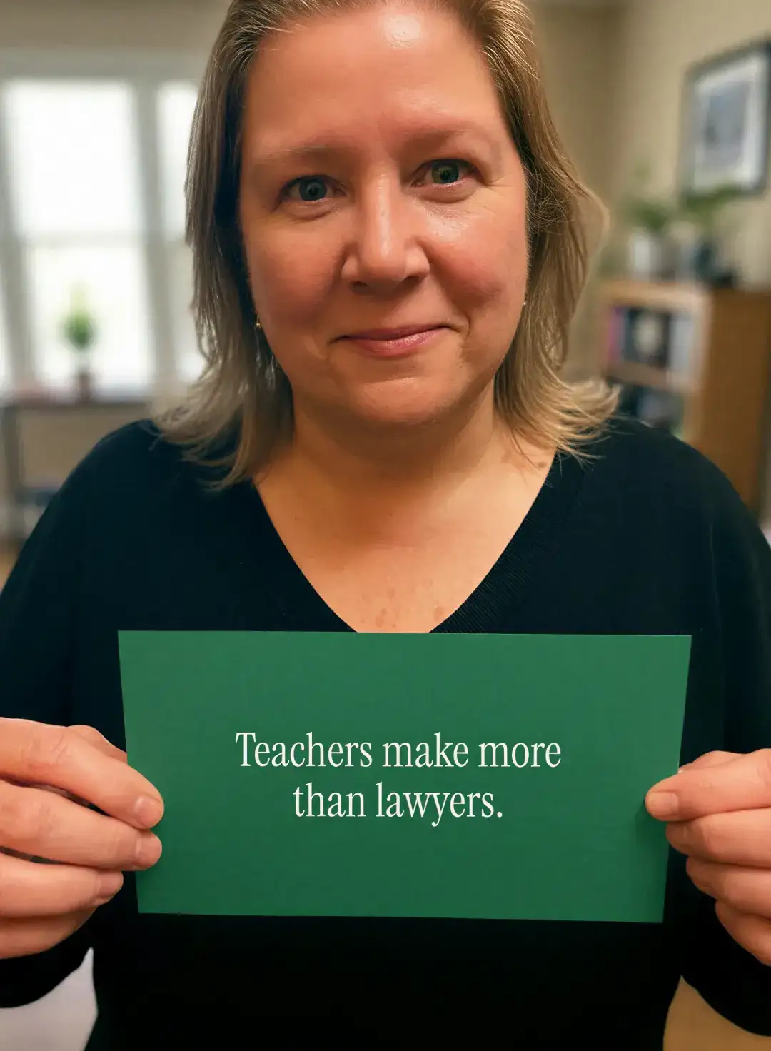 A woman holds a green card that reads “Teachers make more than lawyers”