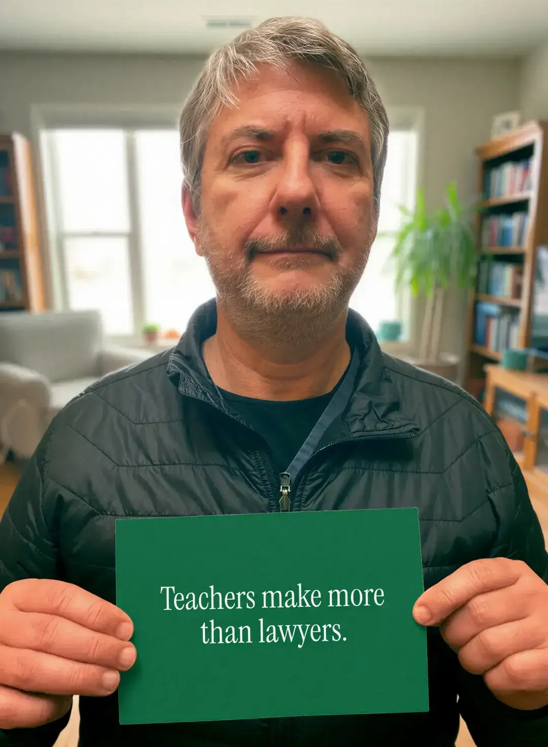 Un hombre en su oficina en casa sostiene una tarjeta que dice “Teachers make more than lawyers”