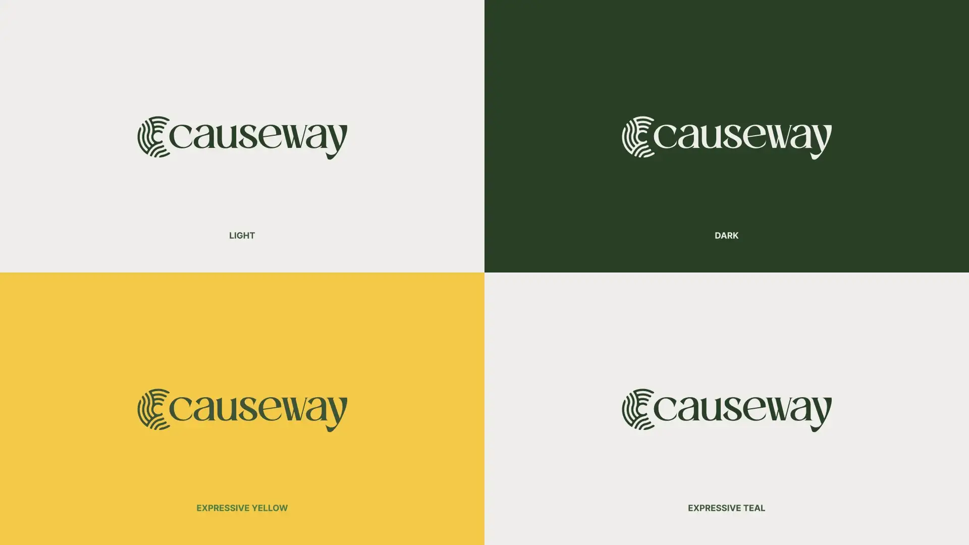 The Causeway logo on four grounds: light, dark green, yellow and teal