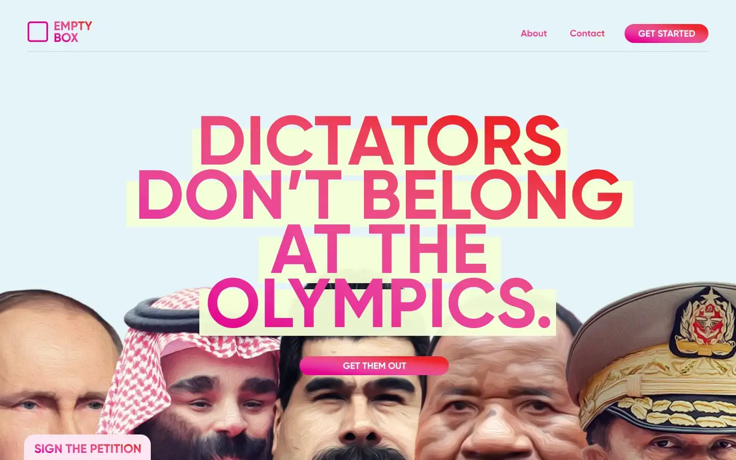 Portada del sitio con “Dictators don't belong at the Olympics”