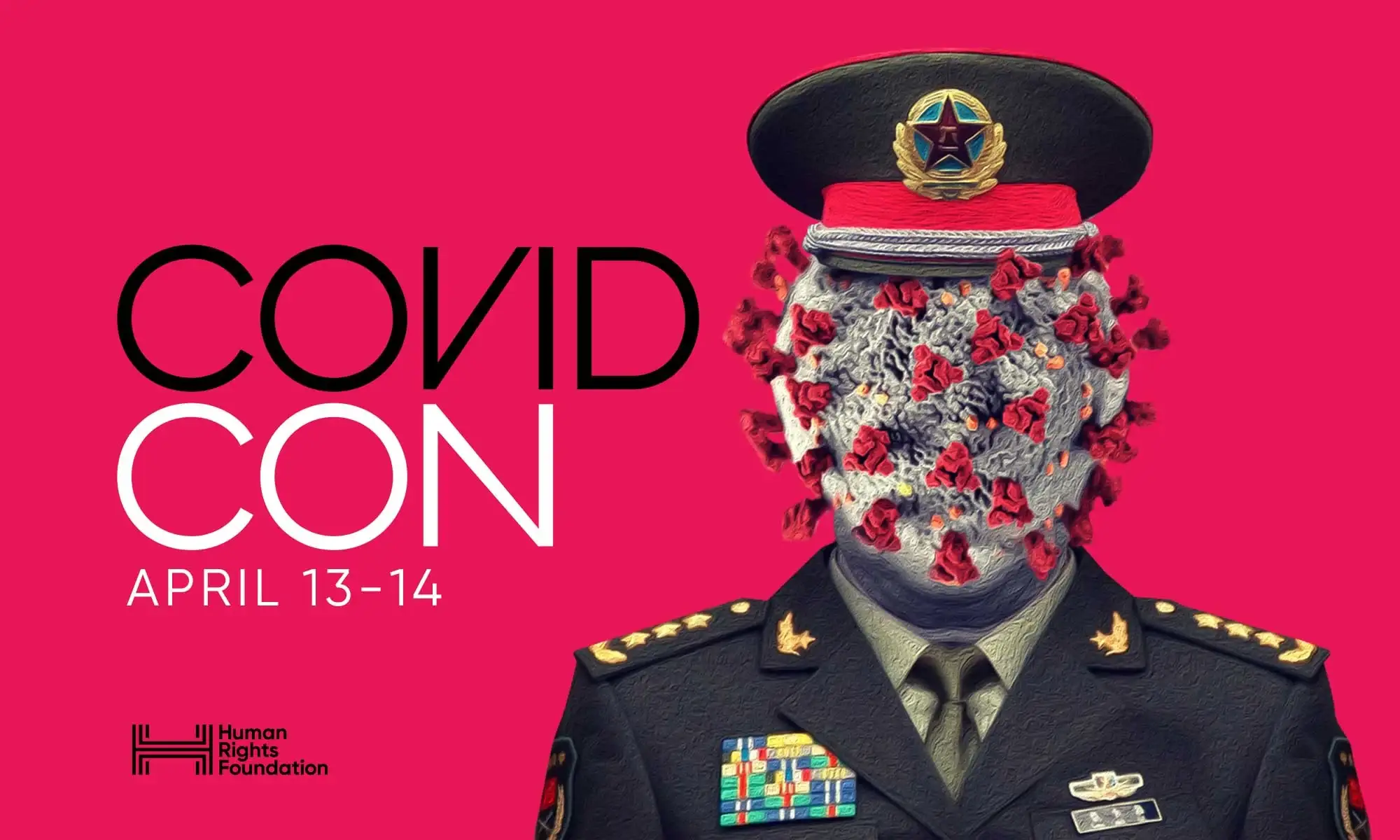 COVIDCon key visual: a general whose face is the coronavirus, April 13-14