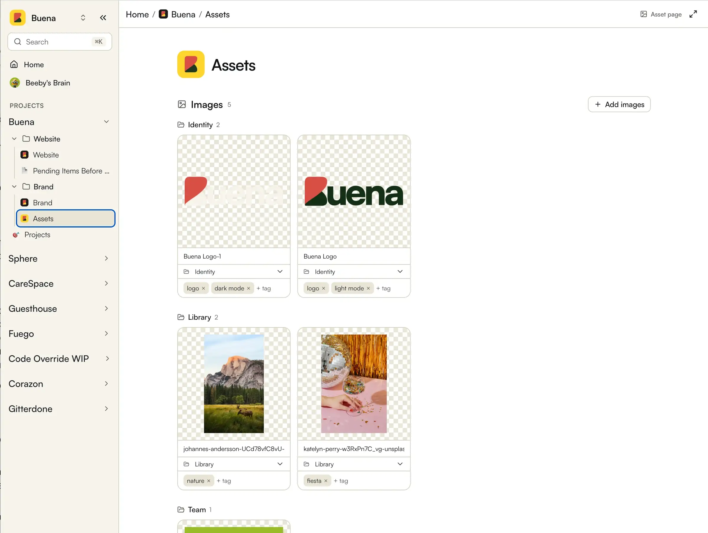 Corazón assets screen: Buena's brand images organized in a library
