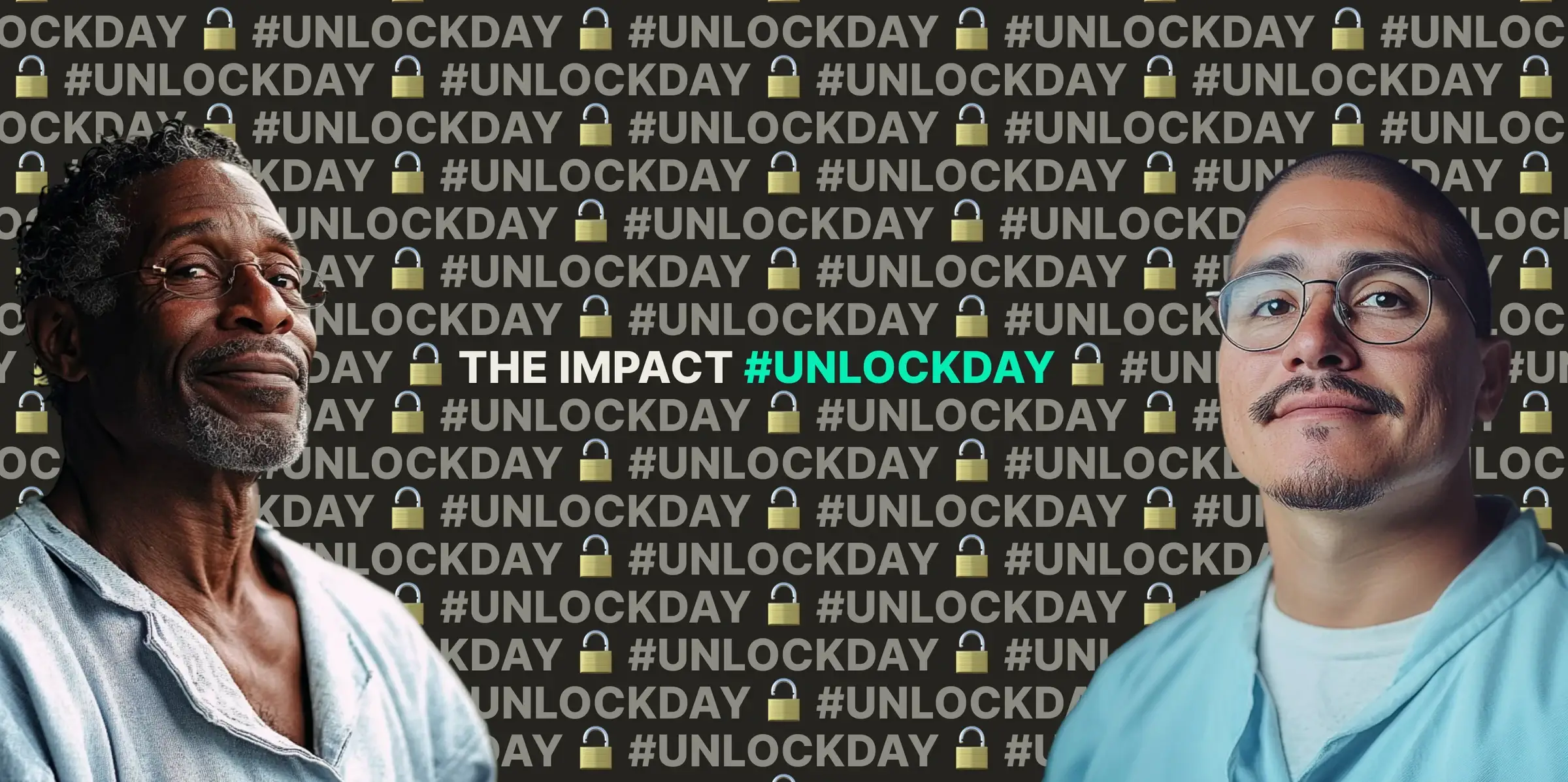 Visual principal de #UnlockDay: personas que estuvieron en prisión frente a un muro de emojis de candado abierto
