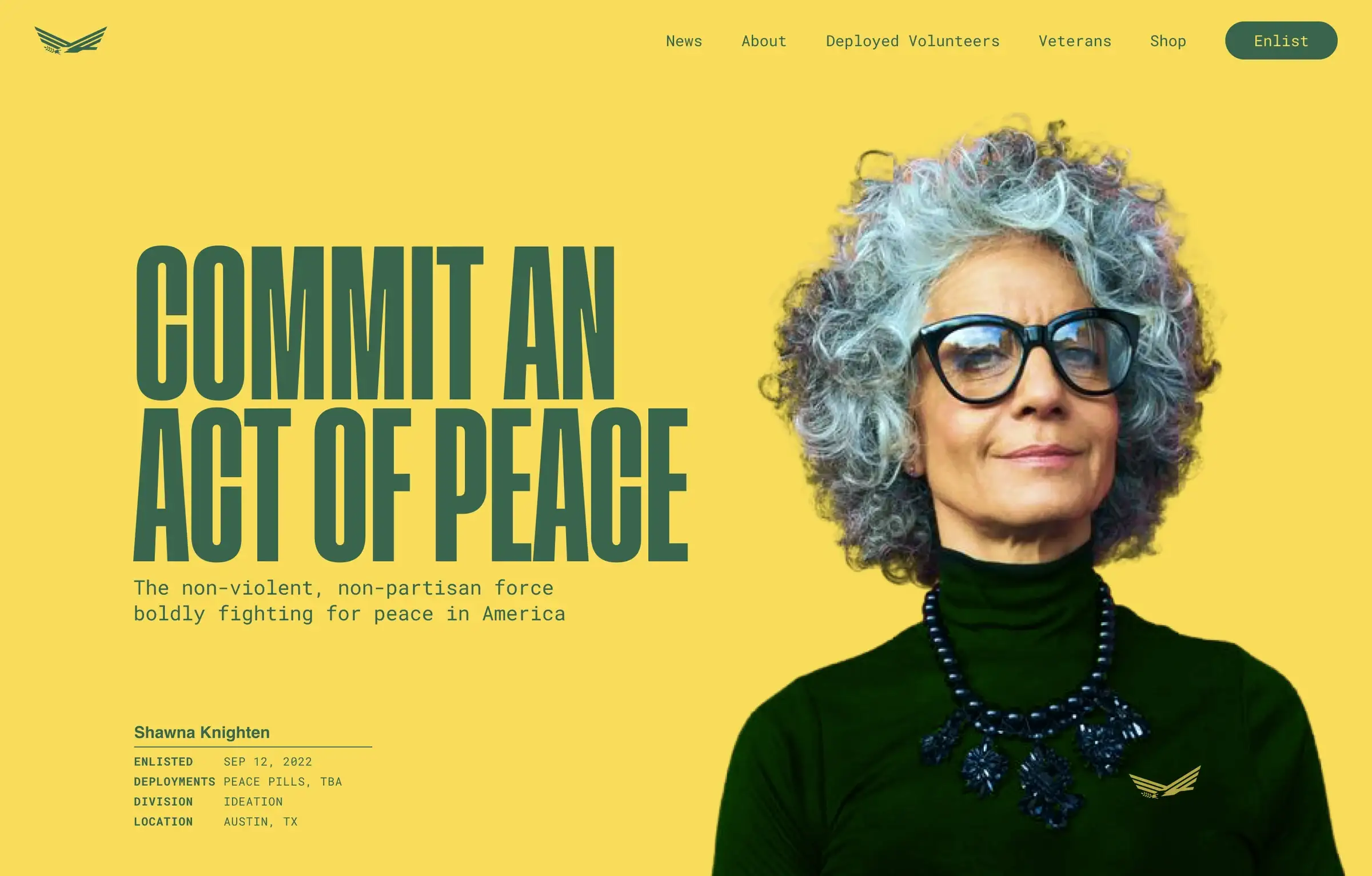 Peace Force website hero: 'Commit an act of peace' beside a recruit in a Peace Force uniform