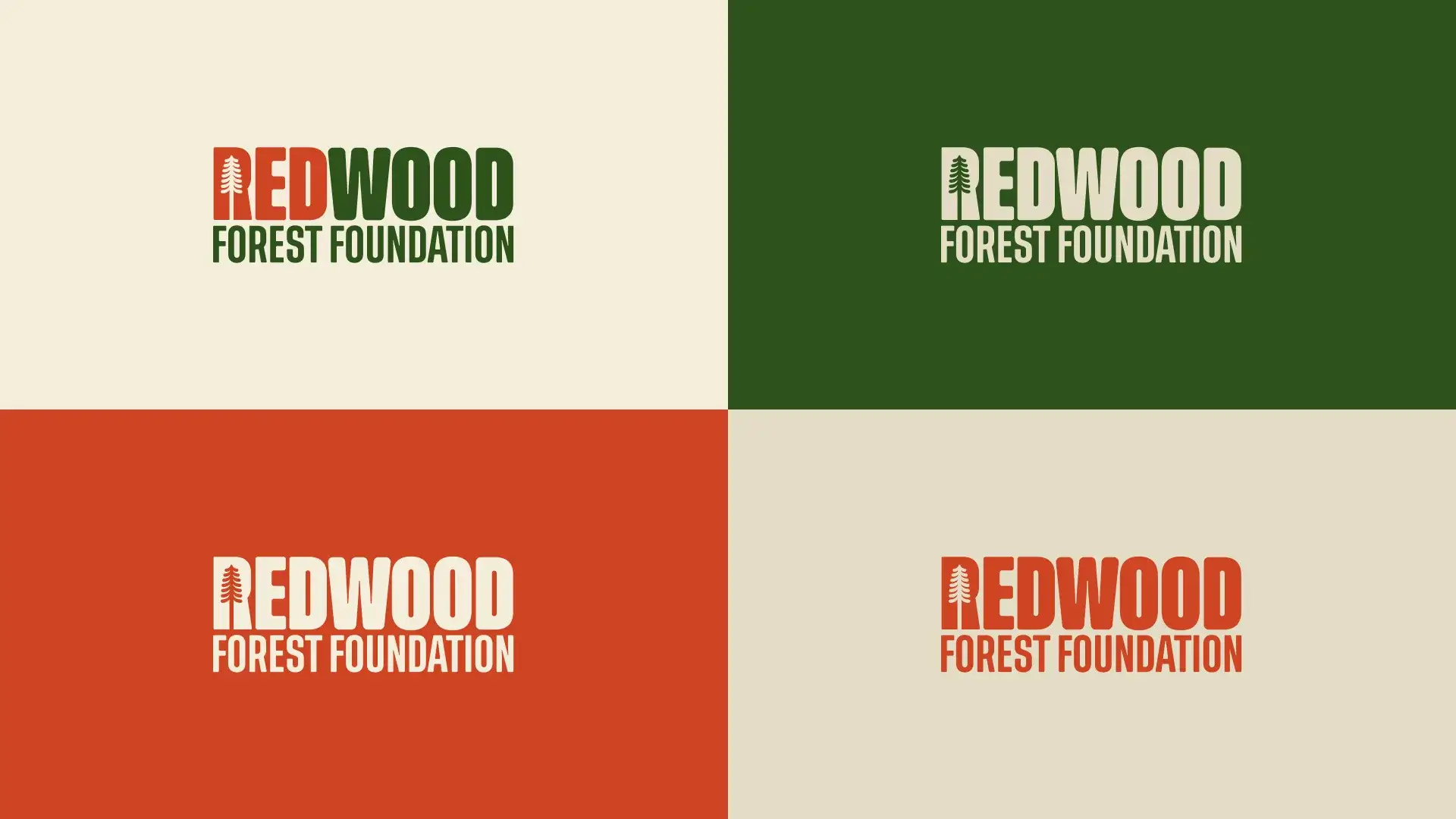 The logo on cream, forest green, redwood red and stone