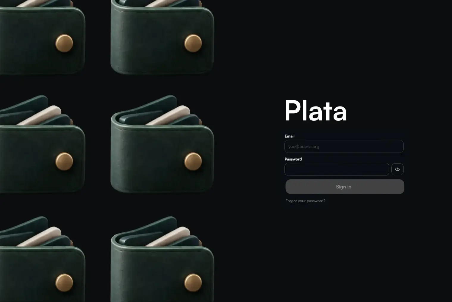 Plata sign-in screen beside a grid of 3D wallets