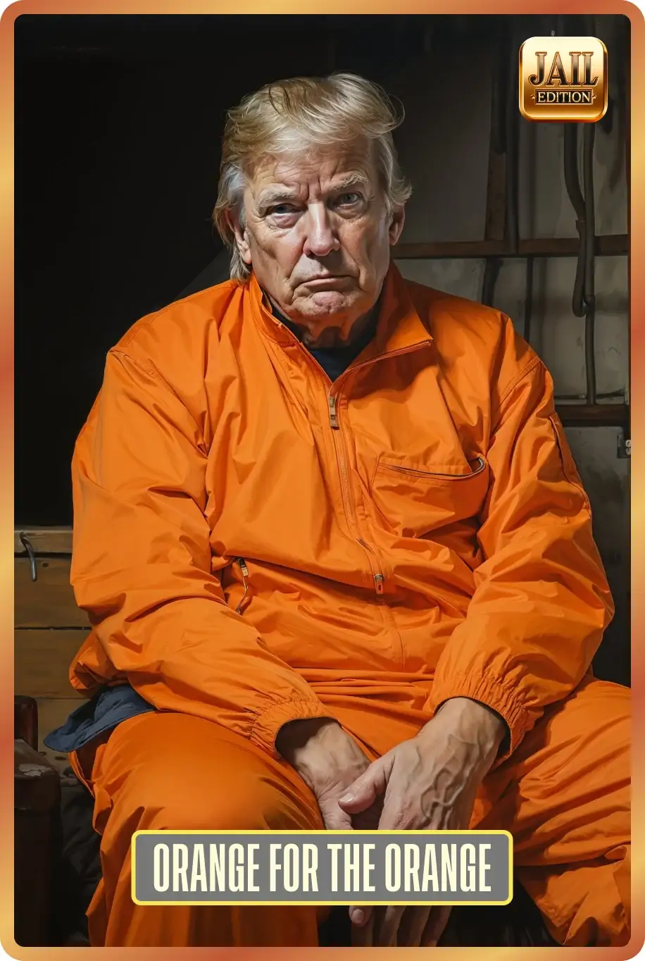 Tarjeta de la Jail Edition “Orange for the Orange”: un Trump pintado con overol naranja