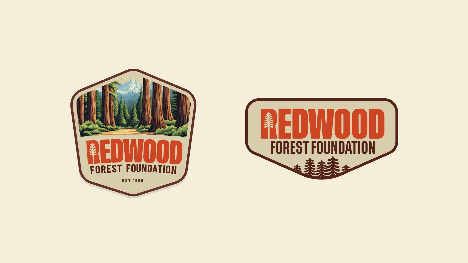 Two patch badges, one with an illustrated redwood grove