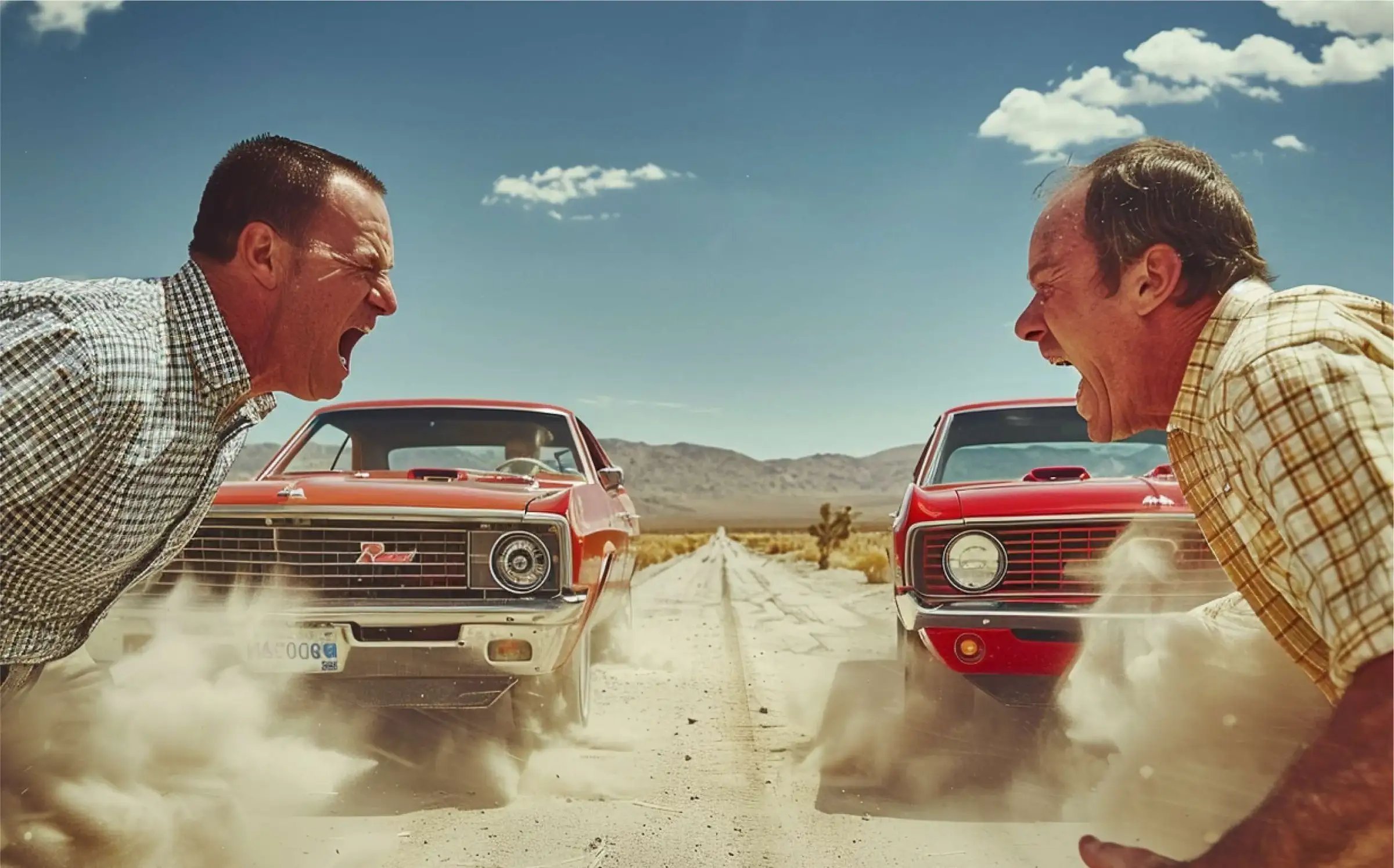 Arte principal de “The Furious Two”: dos hombres y sus muscle cars en un duelo en el desierto