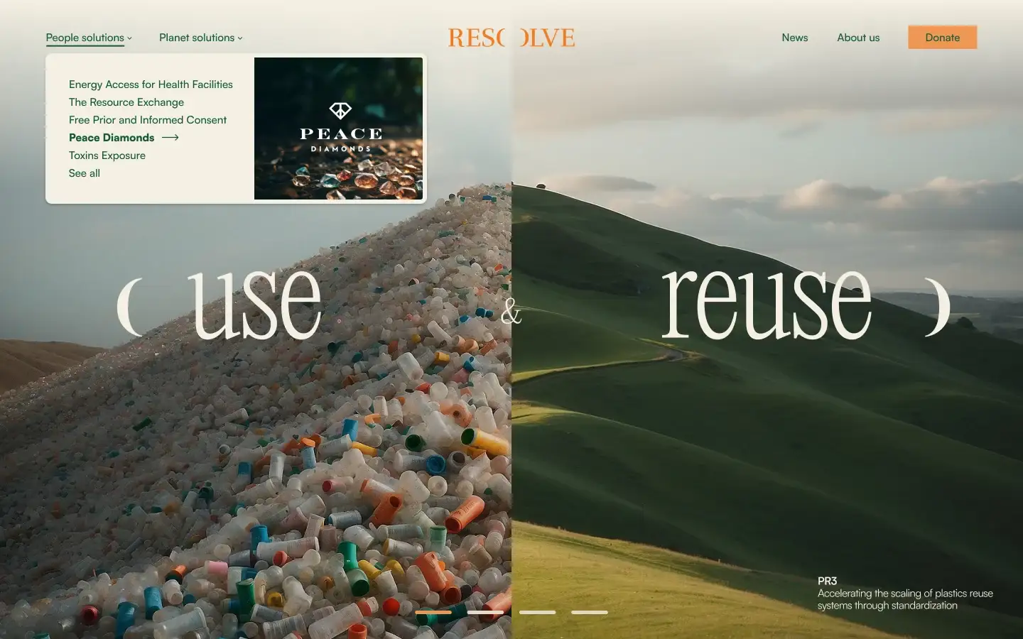 resolve.ngo home hero, use and reuse, with the programs menu open