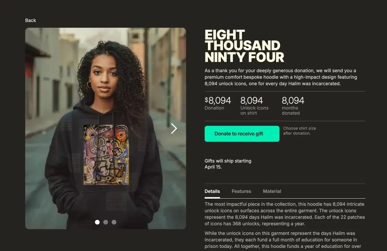 Product page: $8,094 donation, 8,094 unlock icons, 8,094 months donated