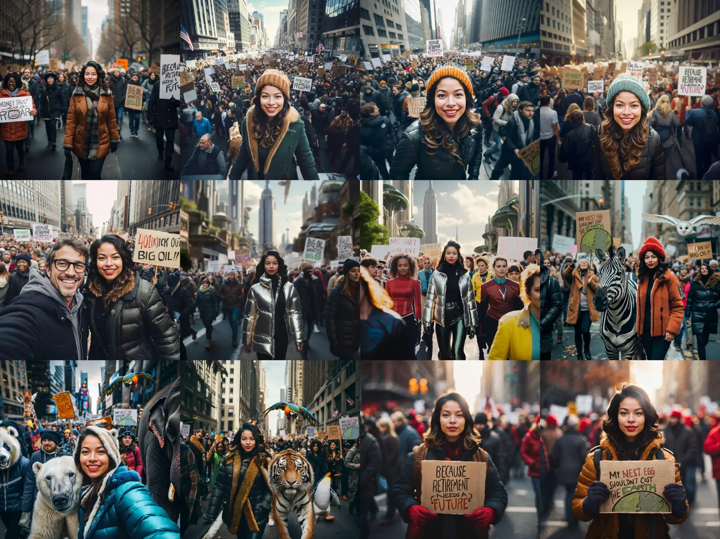 Grid of AI-generated photos of participants marching down Wall Street