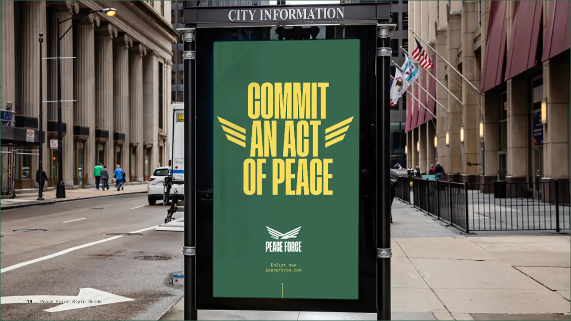 'Commit an Act of Peace' poster in a city bus shelter