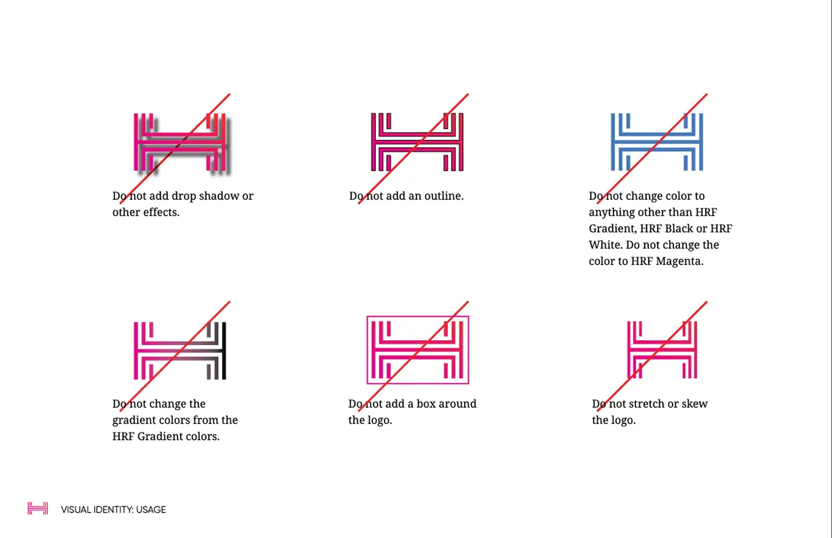 HRF brand guidelines page showing how not to use the striped H logo