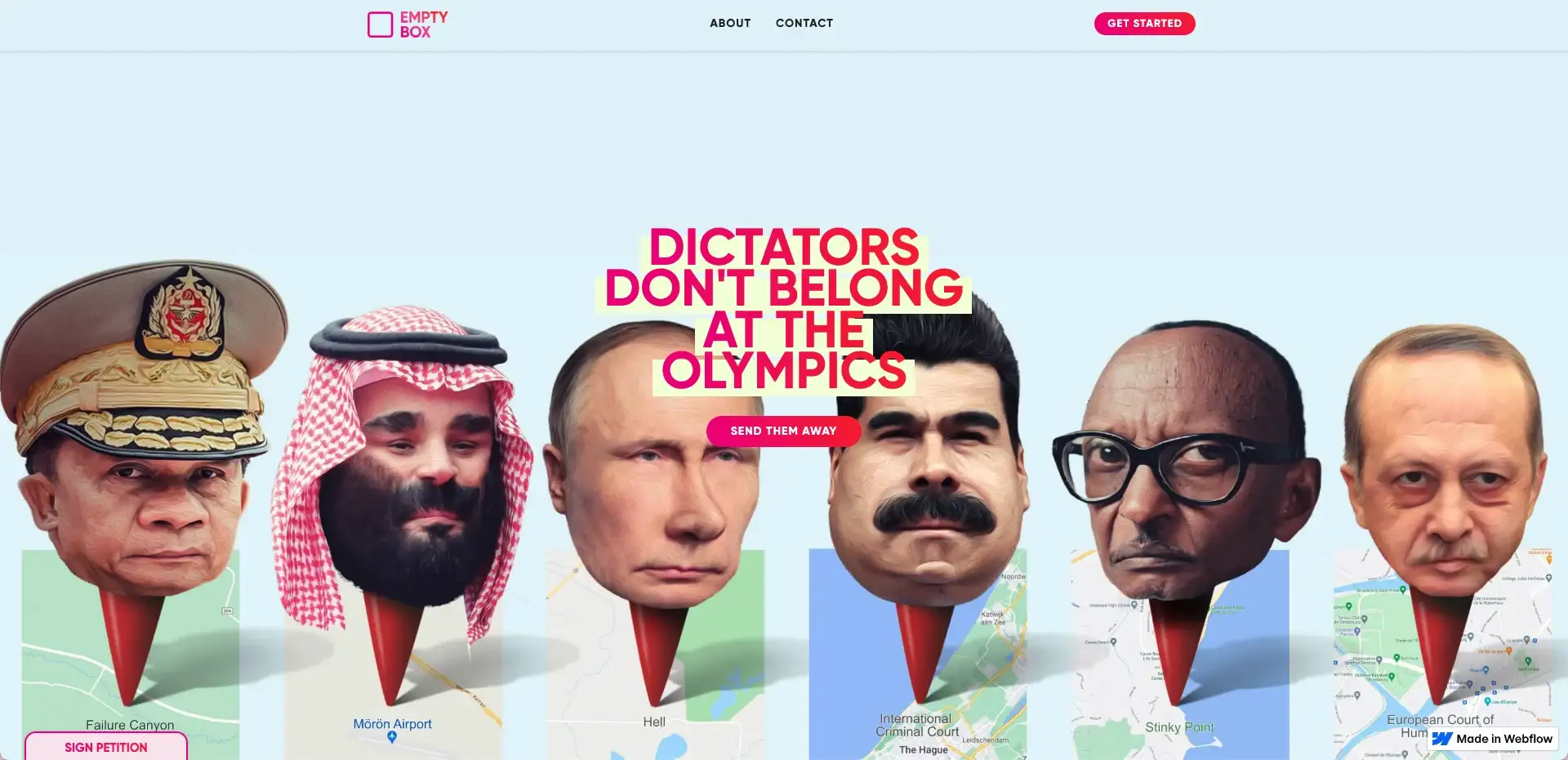 Página de inicio de Empty Box: caras de dictadores como pines en un mapa bajo “Dictators don't belong at the Olympics”