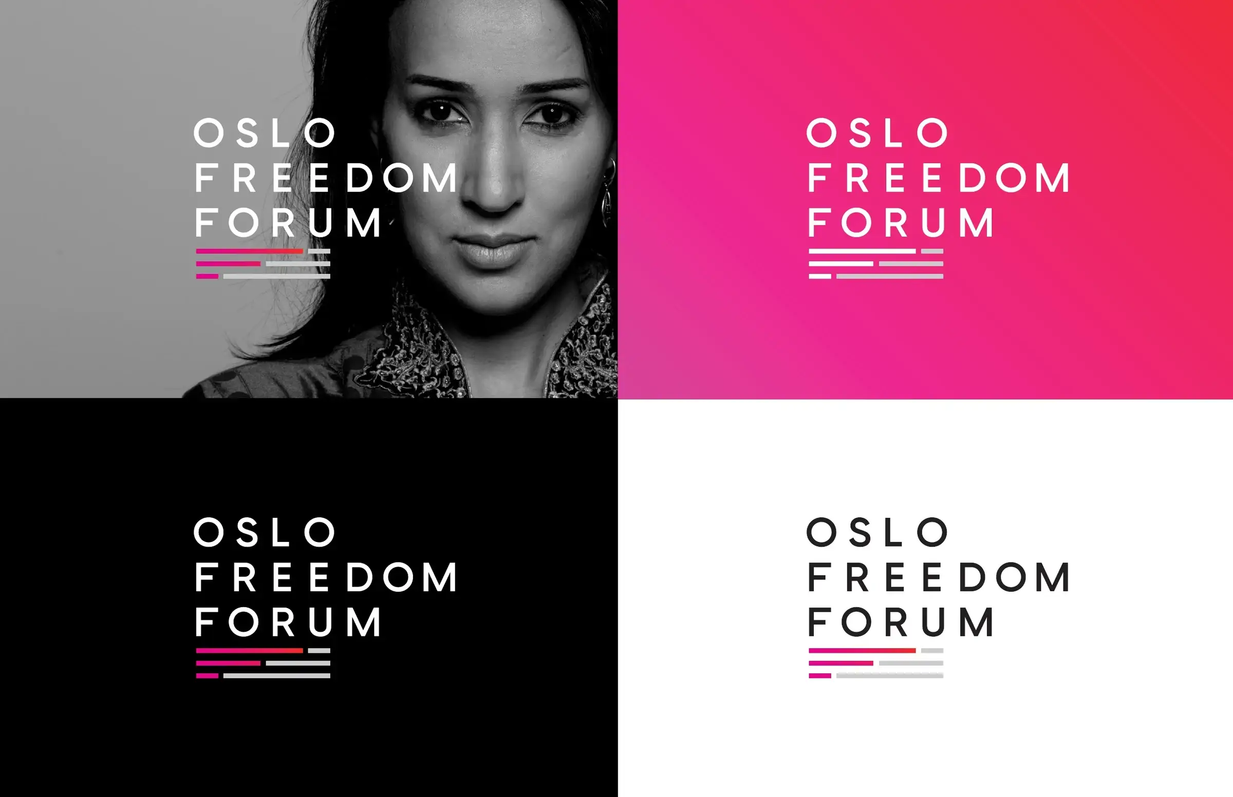 The new OFF wordmark over an activist's portrait, the HRF gradient, black and white