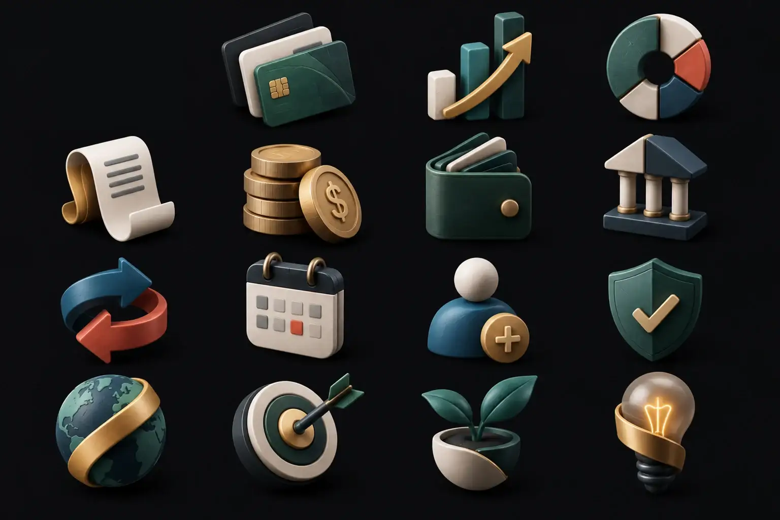 Plata's set of 3D finance icons: wallets, coins, reports, banks