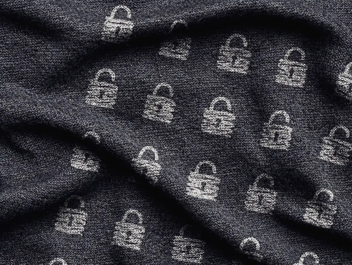 Close-up of unlock icons knitted across a dark hoodie