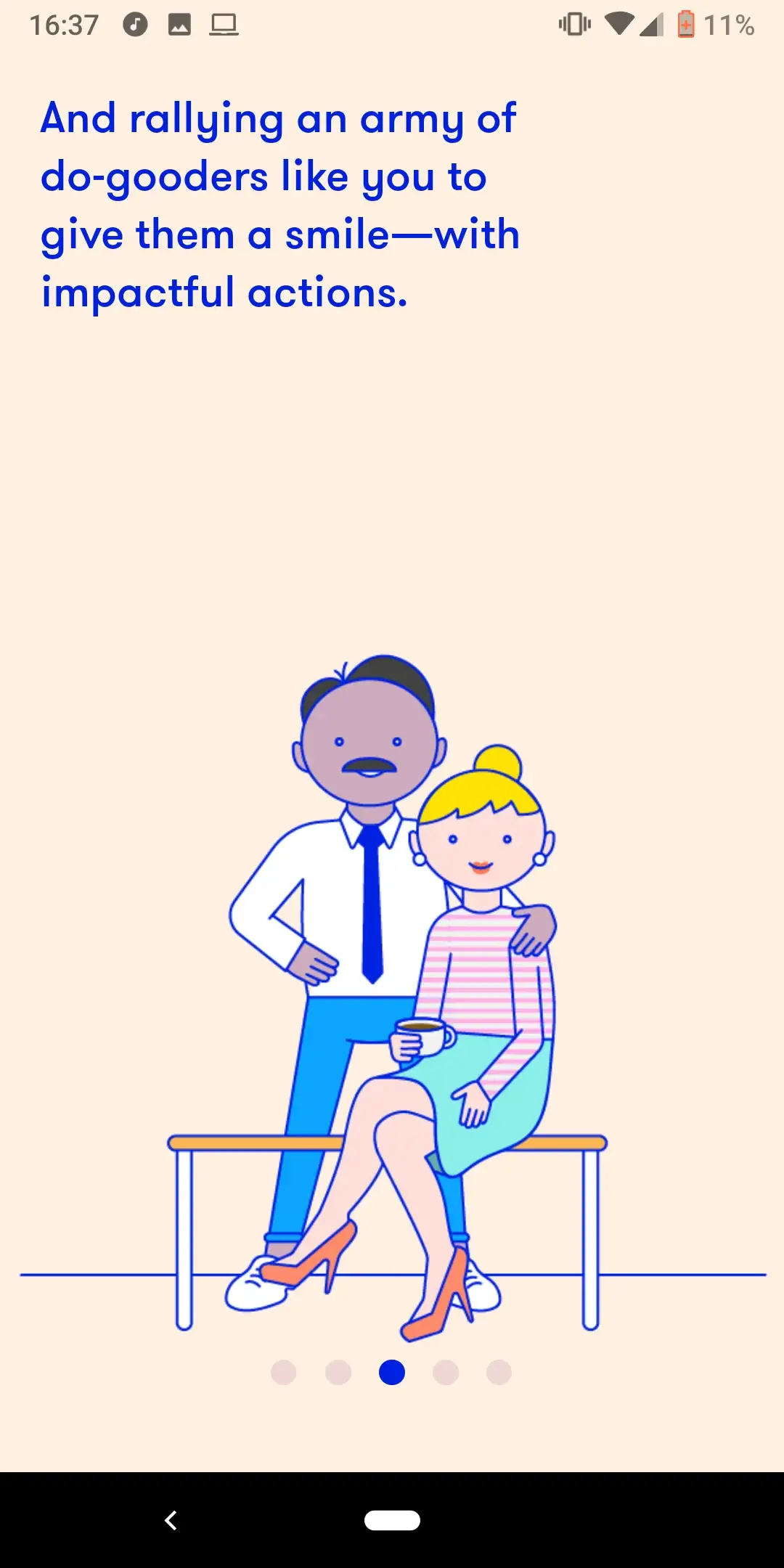 App onboarding screen about rallying an army of do-gooders, with an illustrated couple on a bench
