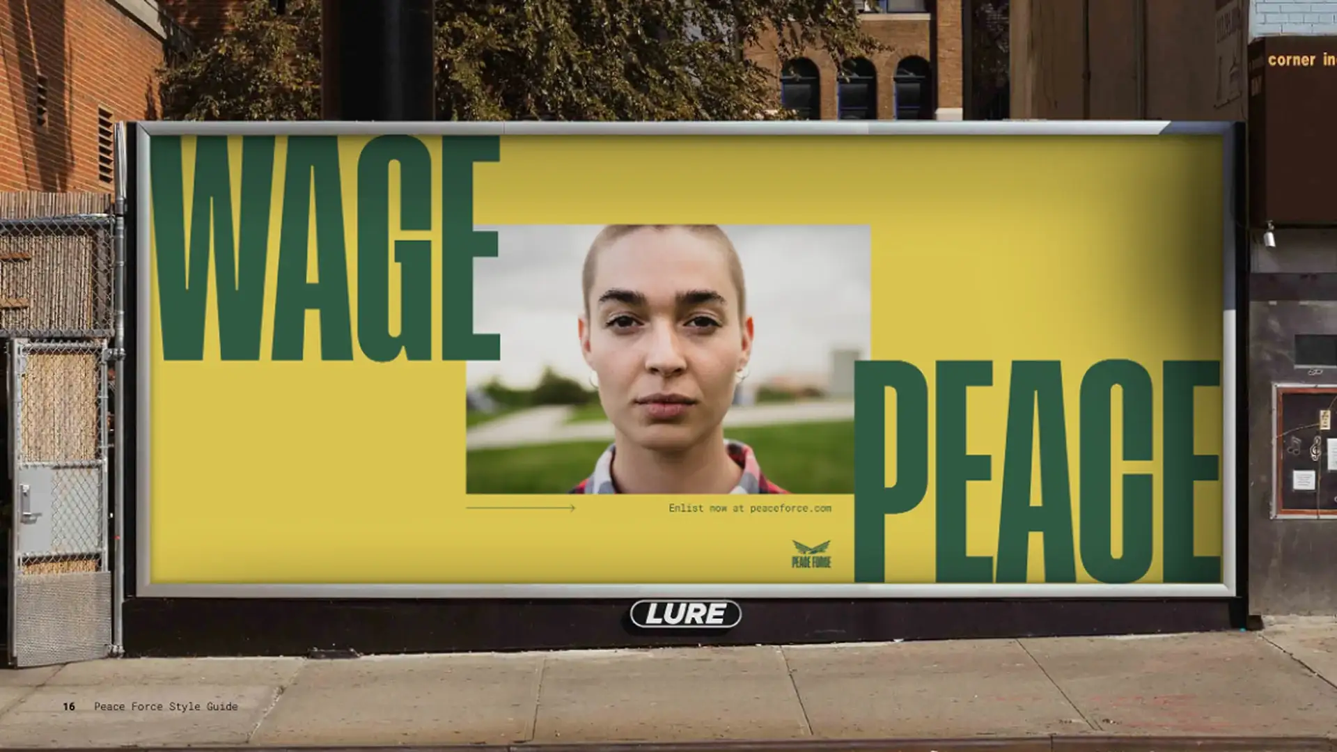 'Wage Peace' billboard in yellow and green