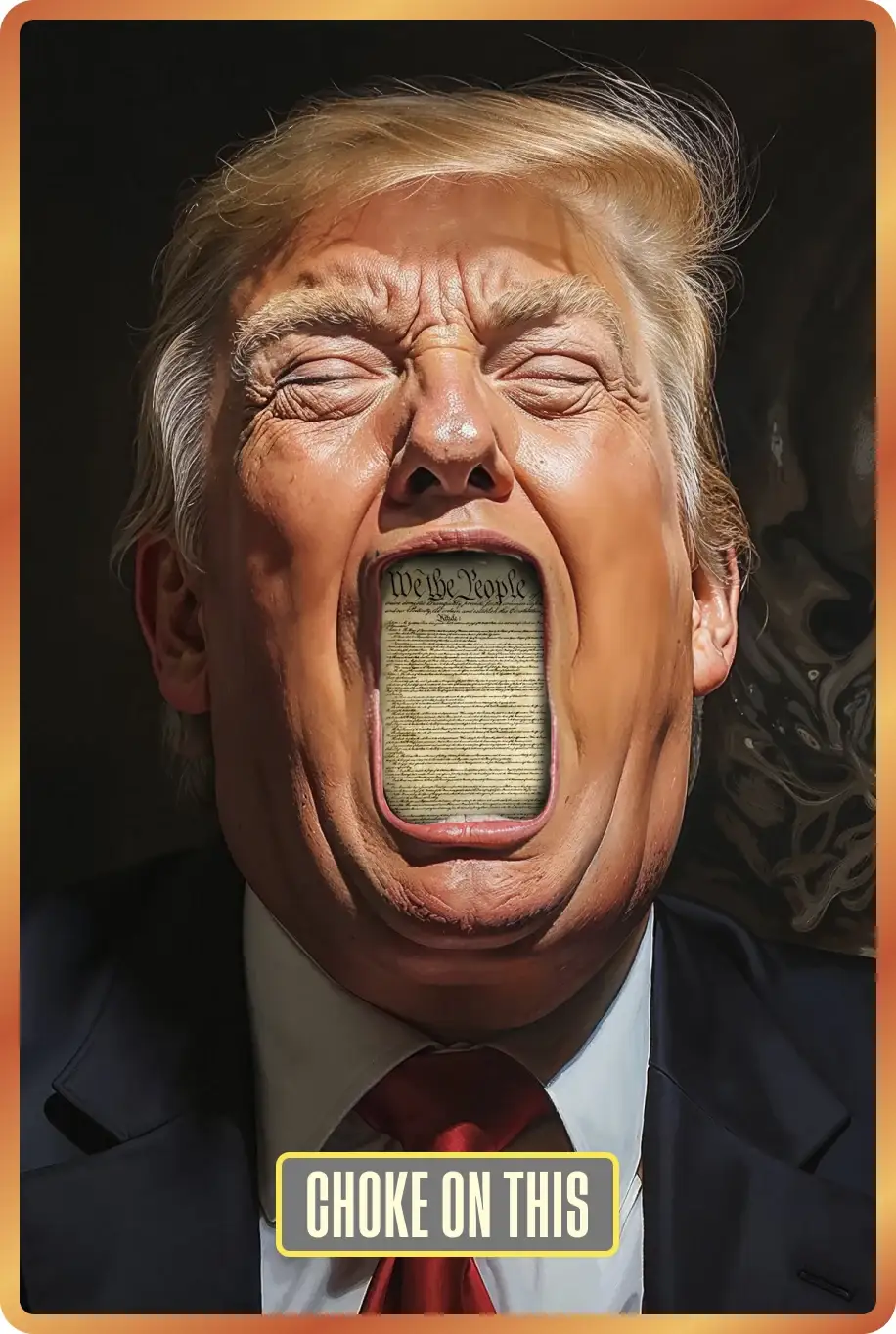 Tarjeta “Choke on This”: Trump con un documento en la boca