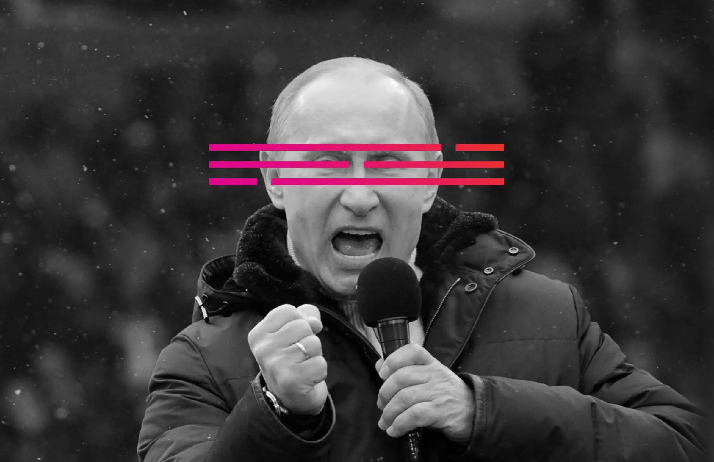 A dictator mid-speech in black and white, the signature lines laid across his eyes