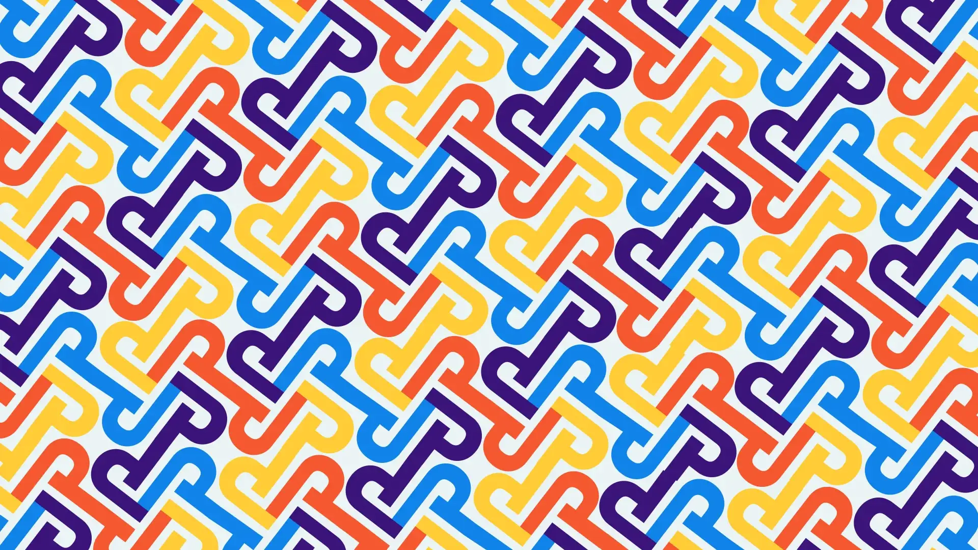 Patrón de marca hecho con el símbolo entrelazado en morado, naranja, amarillo y azul