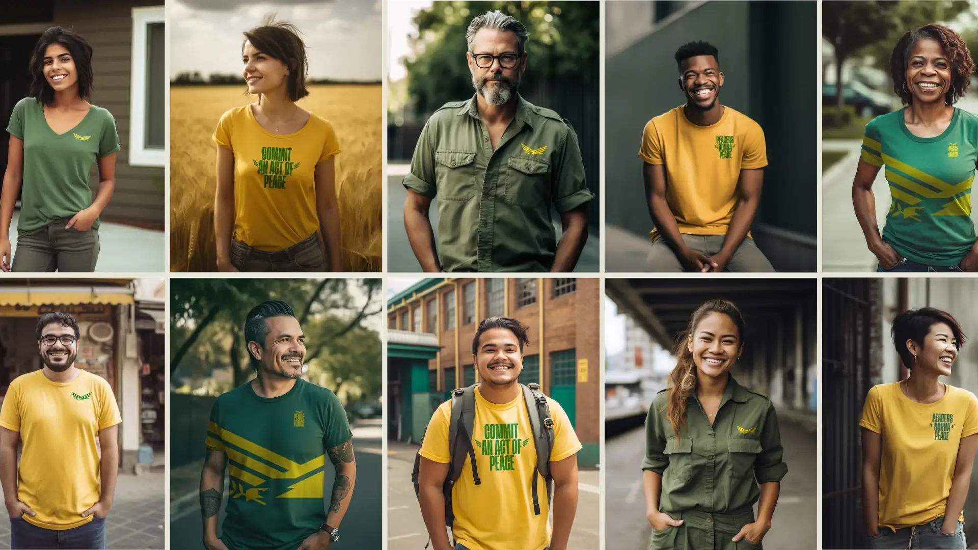 Grid of people wearing Peace Force gear (AI-generated concept imagery)