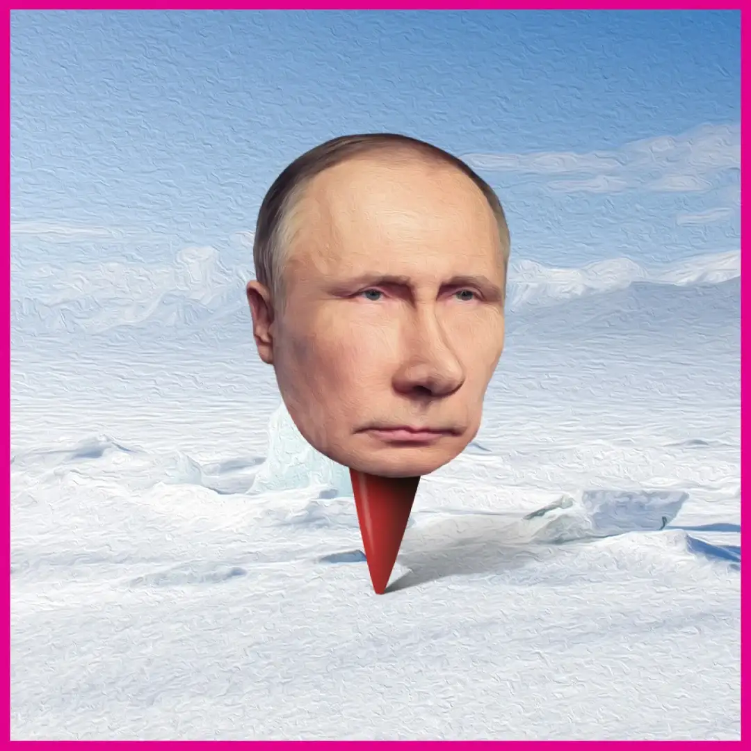 El pin de mapa de Vladimir Putin caído en la nieve de Siberia
