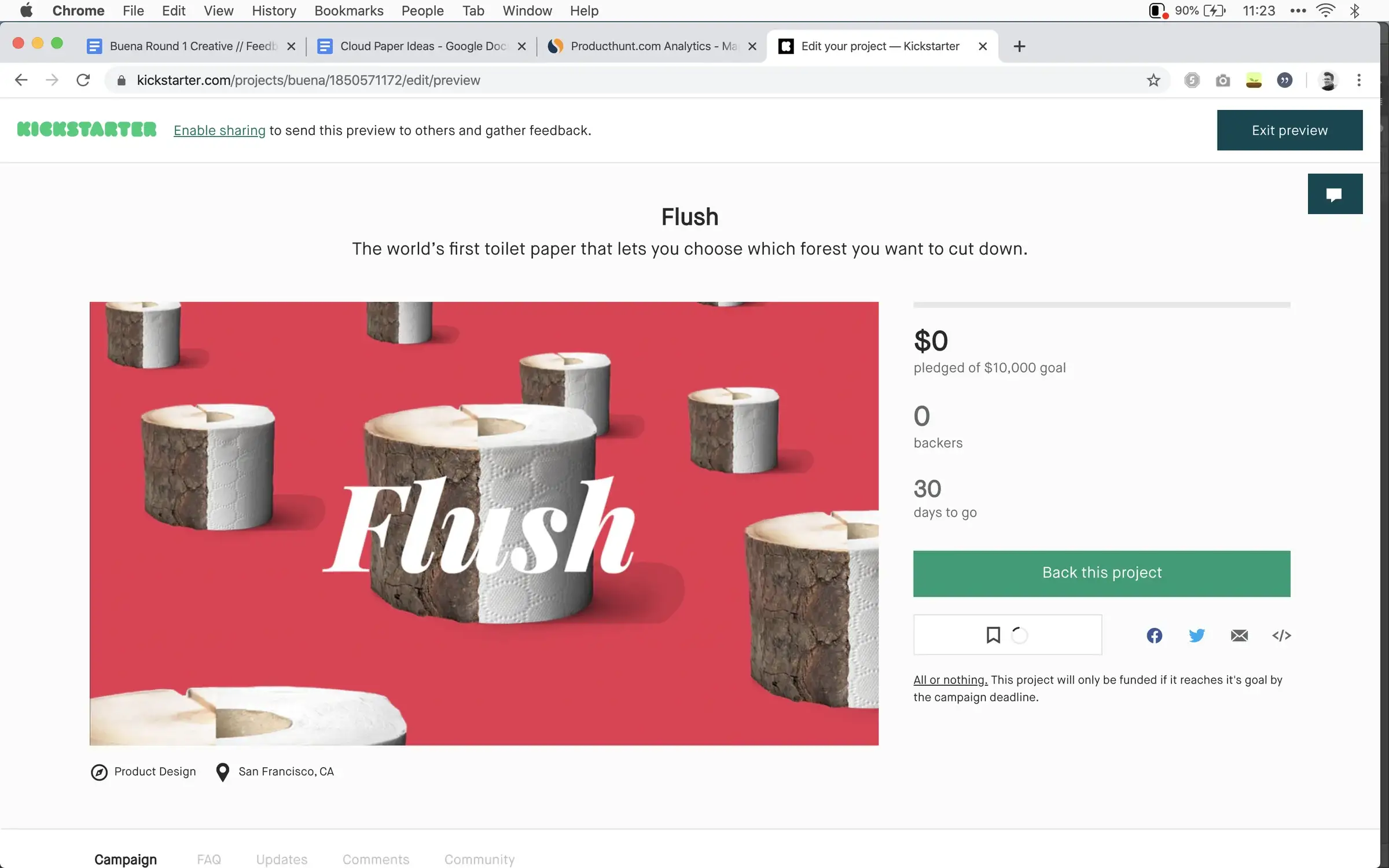 Flush pre-launch Kickstarter page draft