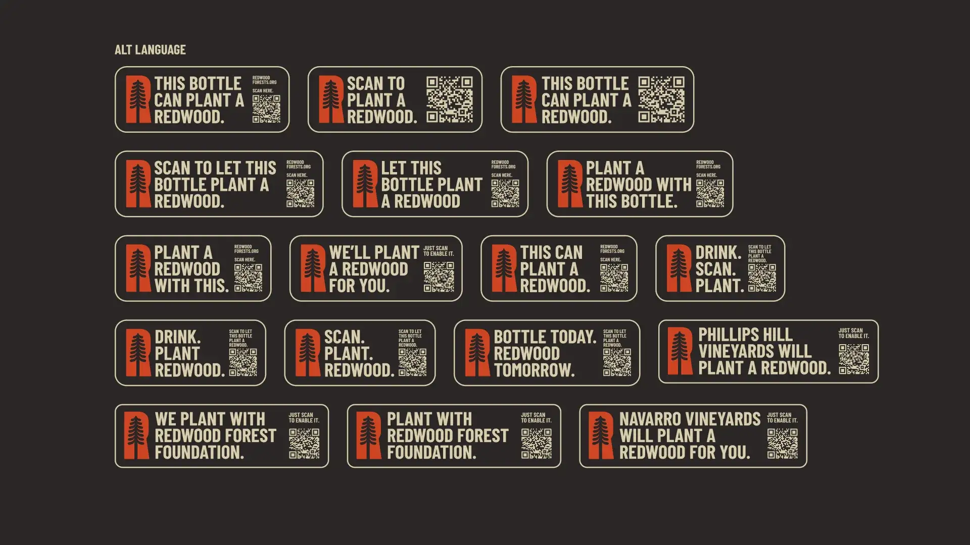Sixteen versions of the scan-to-plant label: Drink. Scan. Plant., Bottle today. Redwood tomorrow.