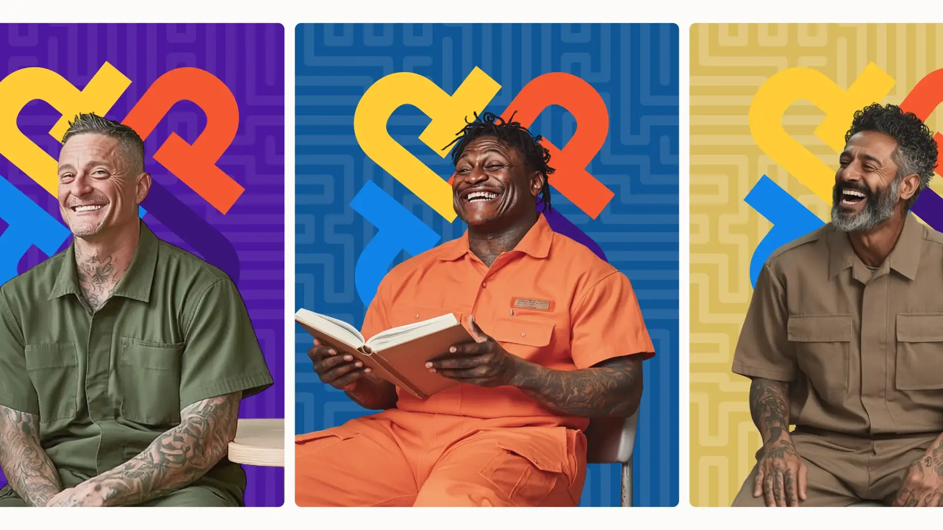Dirección de fotografía: tres hombres con uniforme de prisión, sonriendo, sobre los colores de la marca