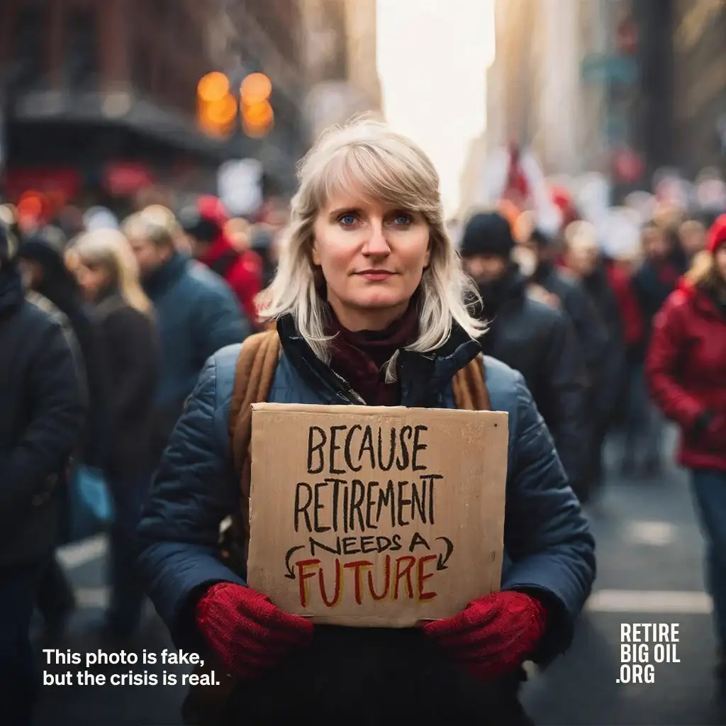 Generated marcher holding a 'Because retirement needs a future' sign, with the fake-photo watermark