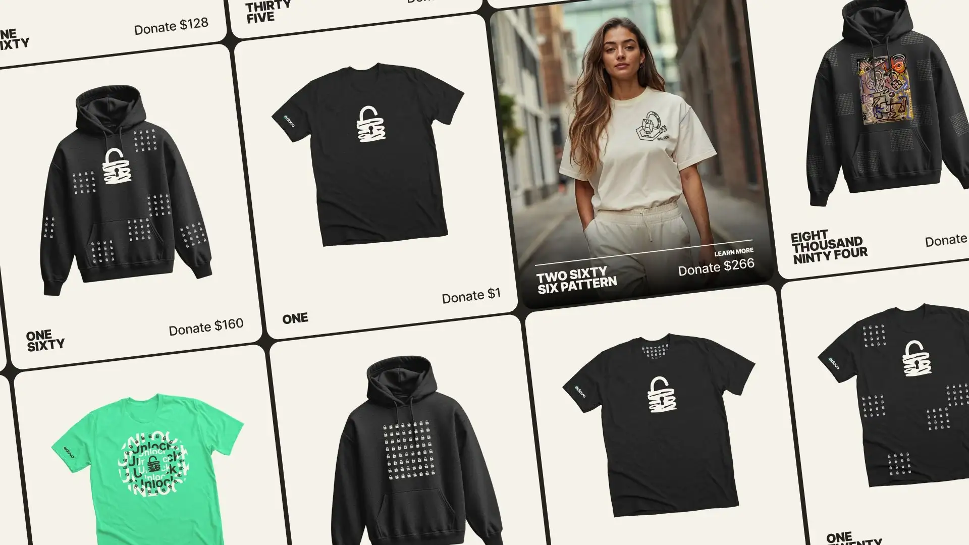 The Unlock gear lineup: tees and hoodies, each named and priced by its number of locks