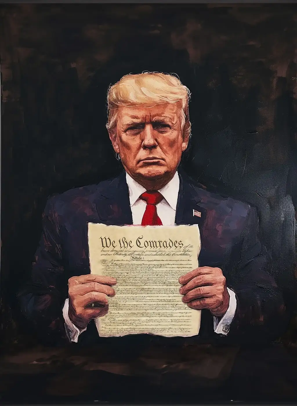 Trump sosteniendo un documento que dice “We the Comrades” (arte sin título)