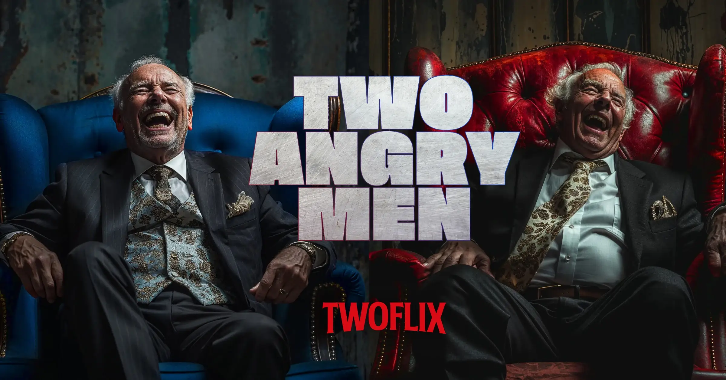 Póster de Two Angry Men: dos políticos riéndose en sillones rojo y azul