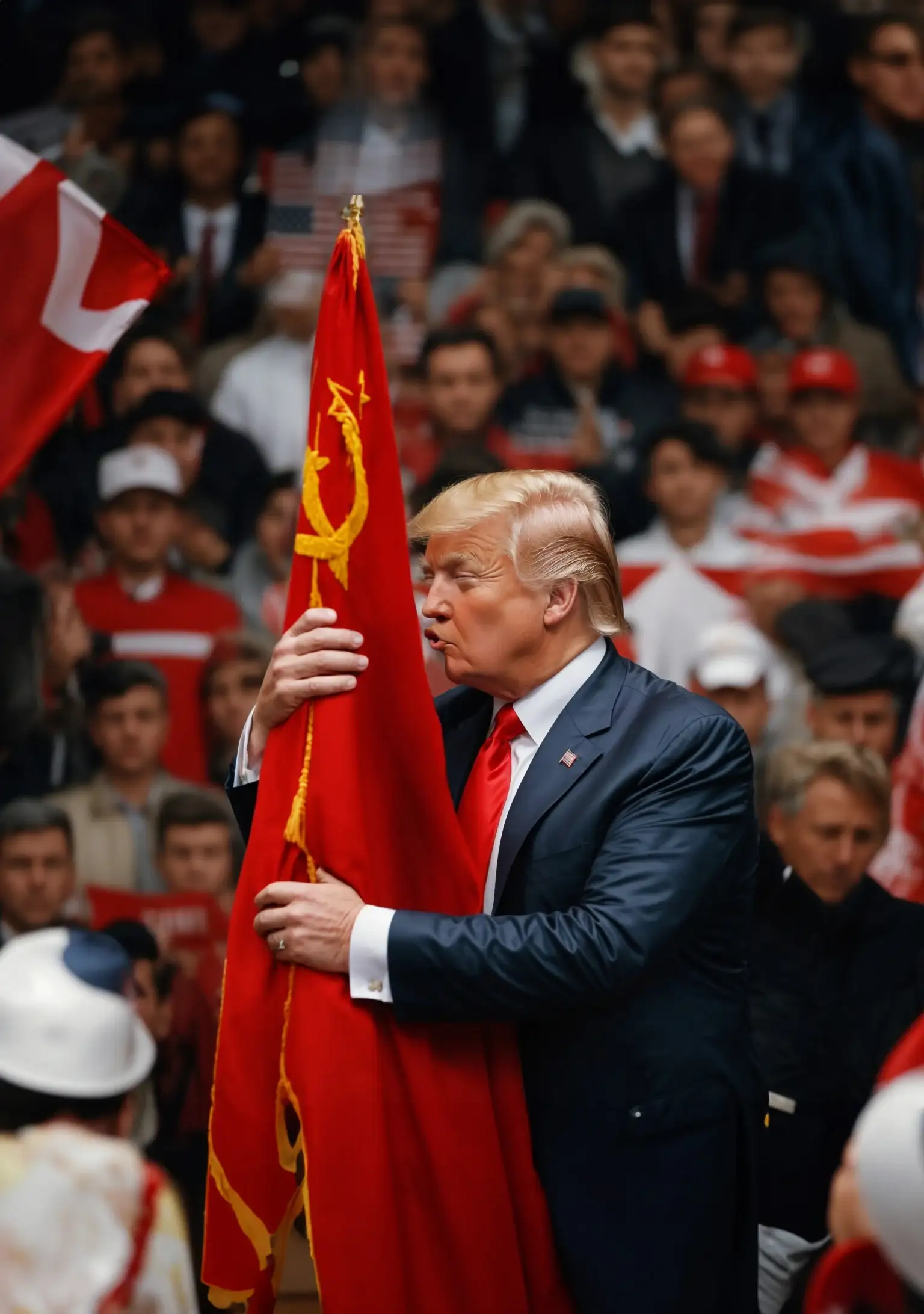 Trump abrazando una bandera soviética (arte sin título)