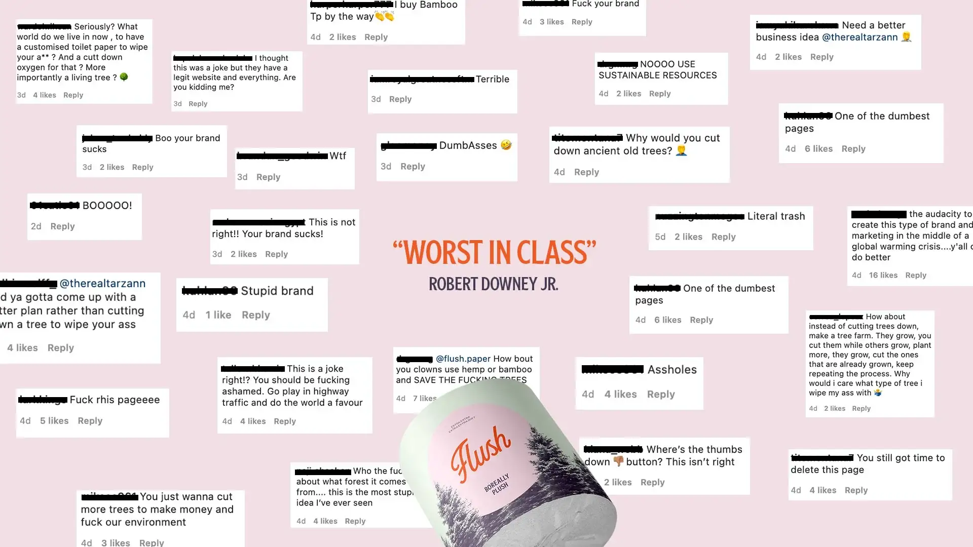 Collage of angry comments before the reveal, with Robert Downey Jr. 'Worst in class'
