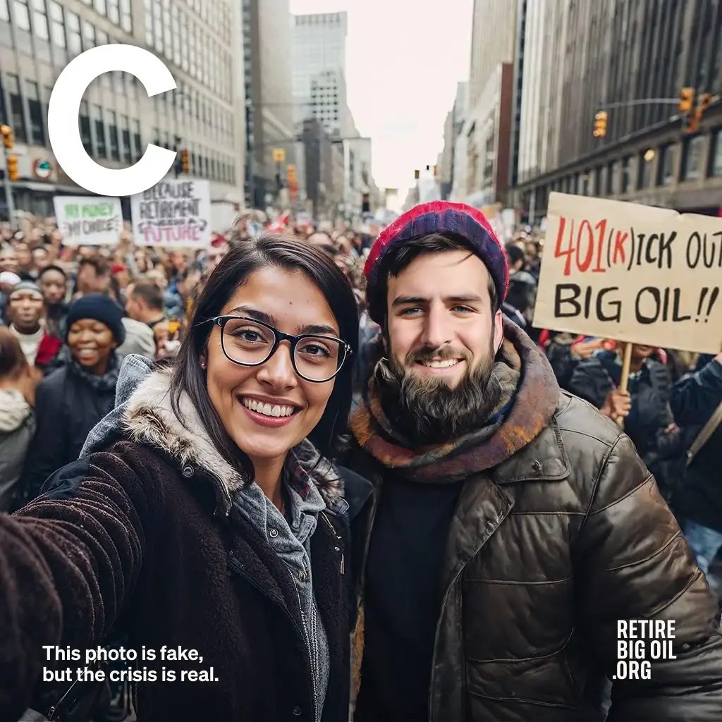 Generated selfie of two marchers with a '401(k)ick out Big Oil' sign