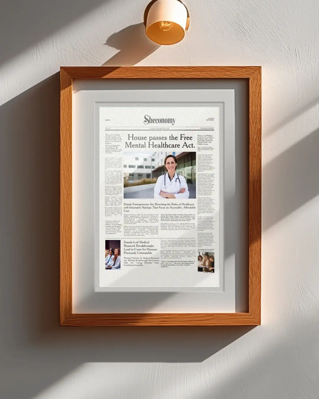 A framed front page from the alternate history, lit on a gallery wall