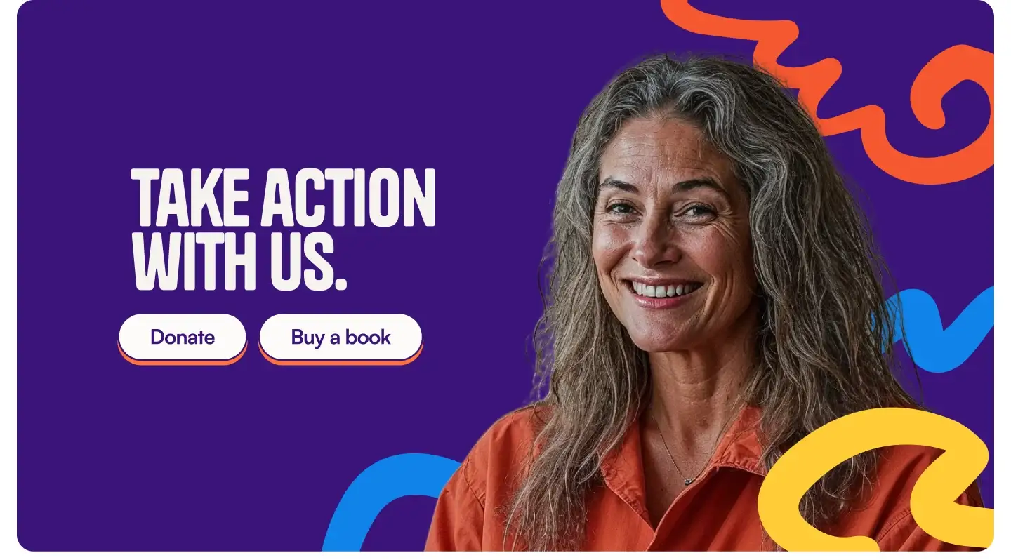 Sección del sitio: “Take action with us”, con los botones Donate y Buy a book