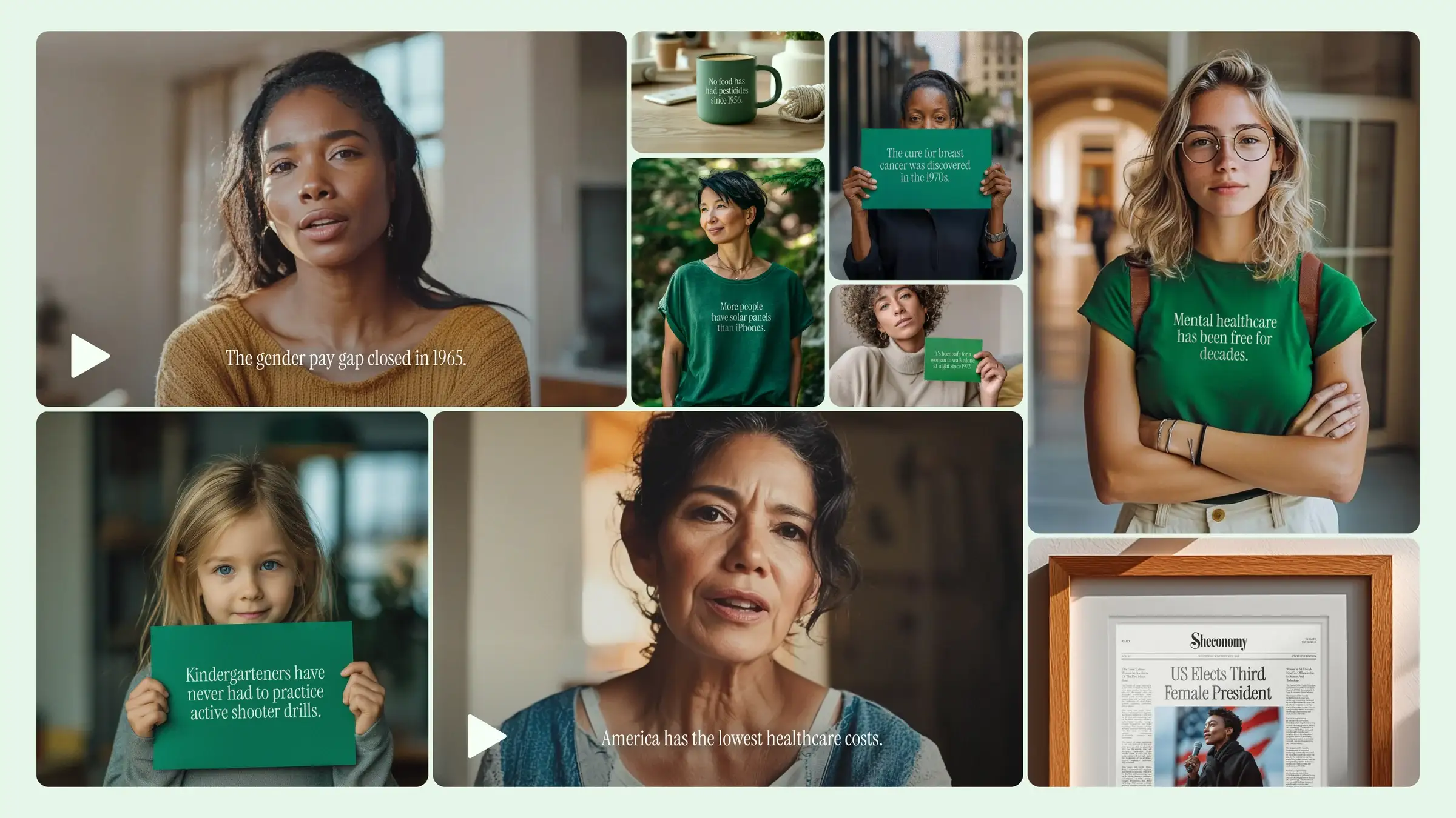 Women featured in the launch film, some holding green alternate-history cards