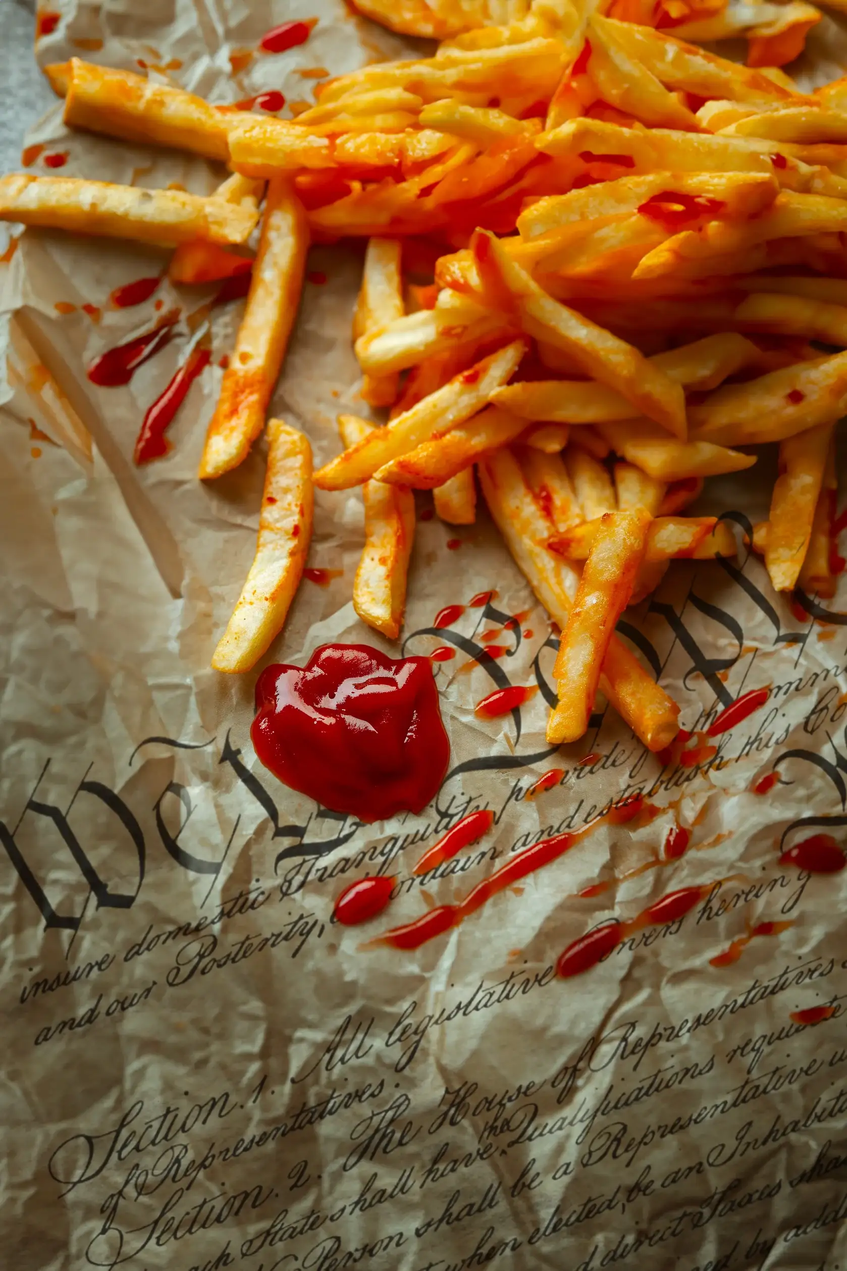 Arte de concepto para la tarjeta “Whitehouse Lunch, Jan 6, 2021”: papas fritas y kétchup embarrados sobre la Constitución