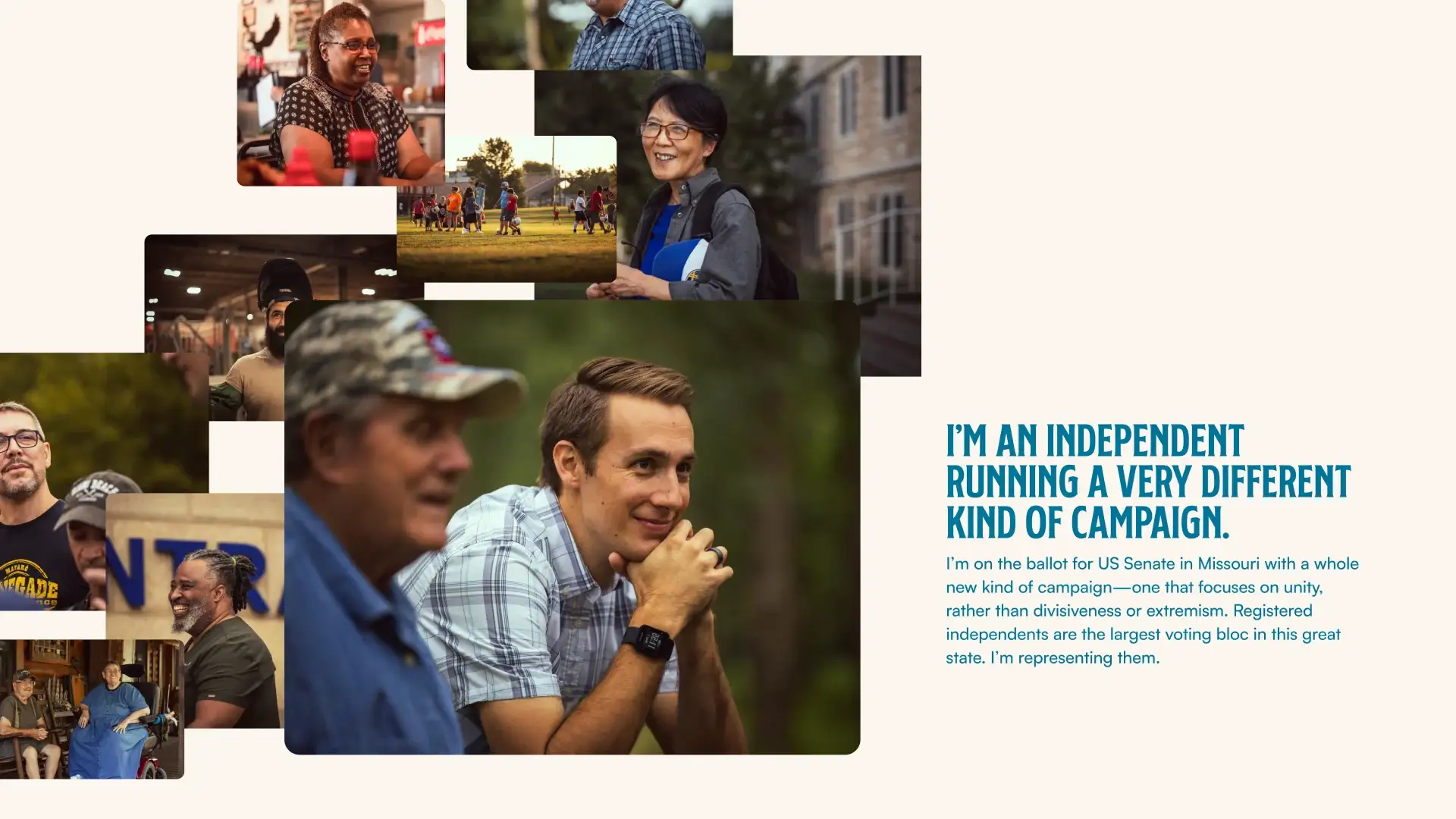 Campaign slide: 'I'm an independent running a very different kind of campaign', with photos of Jared Young meeting Missourians
