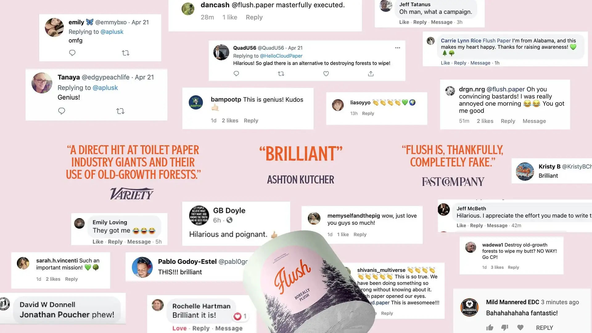 Collage of positive comments after the reveal, with Variety, Ashton Kutcher and Fast Company pull quotes
