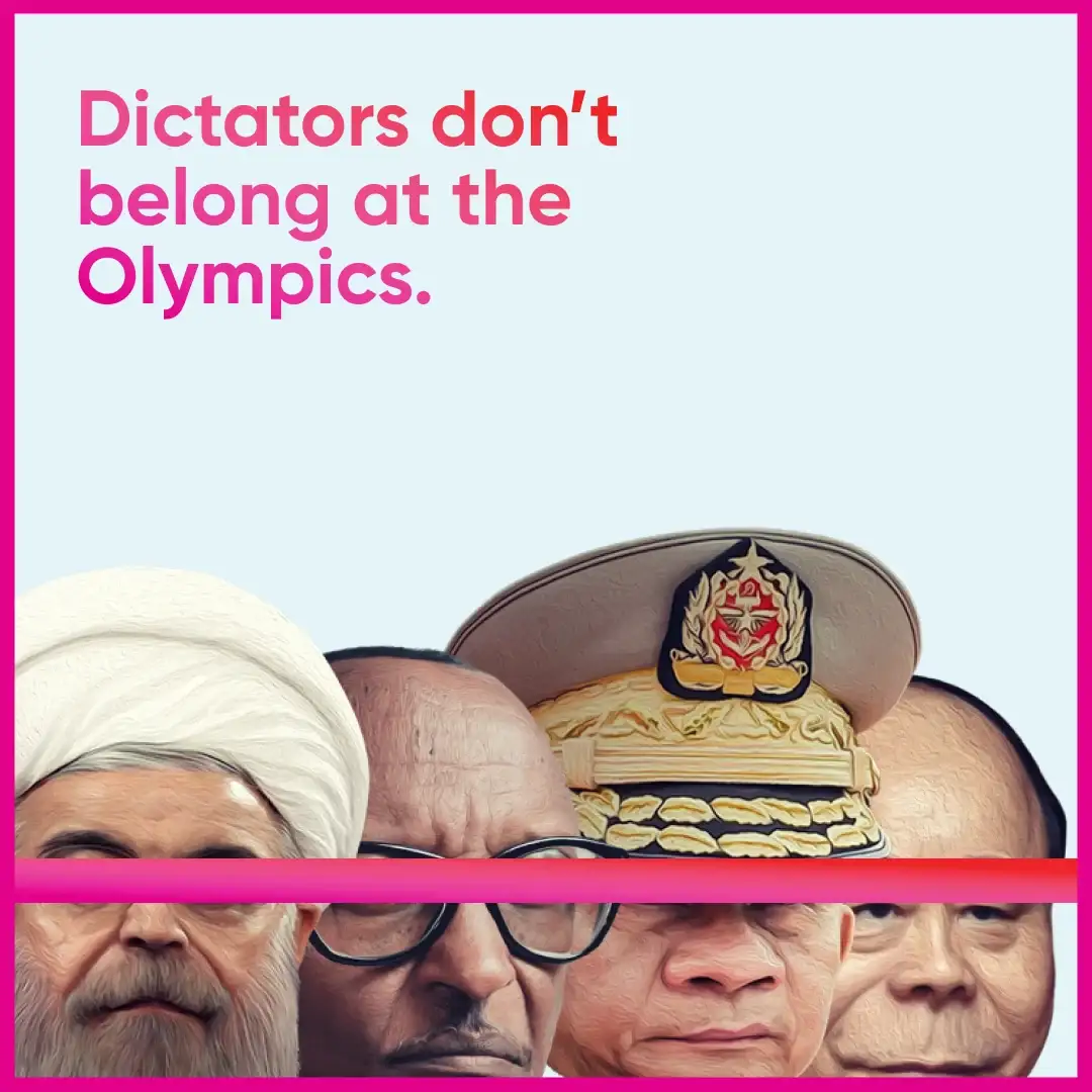 Publicación en redes: “Dictators don't belong at the Olympics” sobre una fila de caras de dictadores