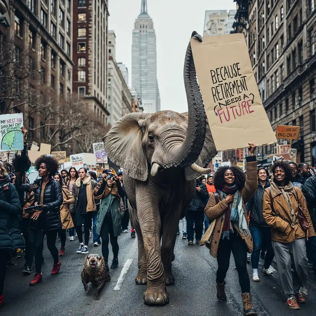 Generated image of an elephant marching down Fifth Avenue with protesters