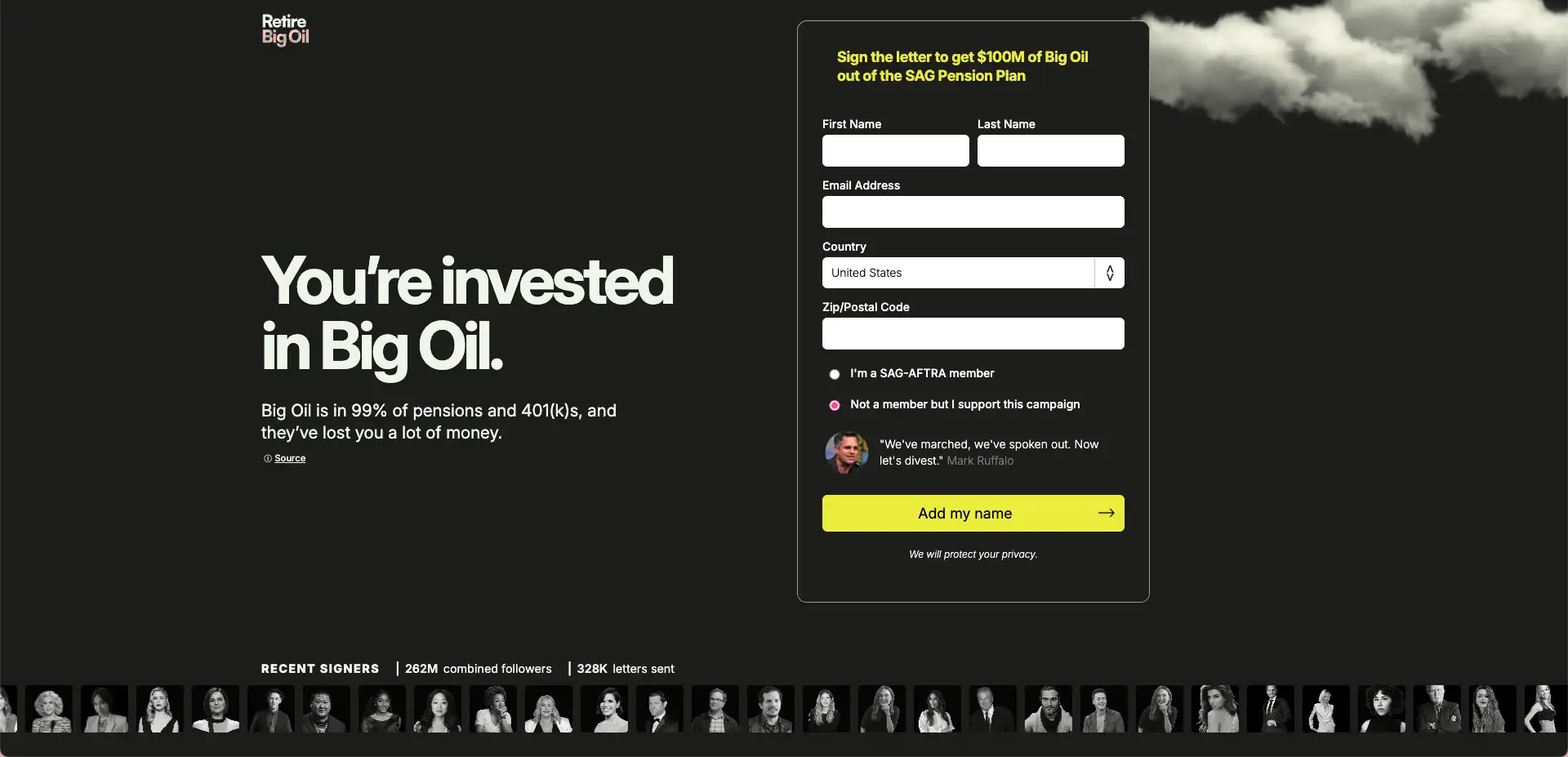 Página de inicio de RetireBigOil.org: “You're invested in Big Oil”, con un formulario para firmar la carta