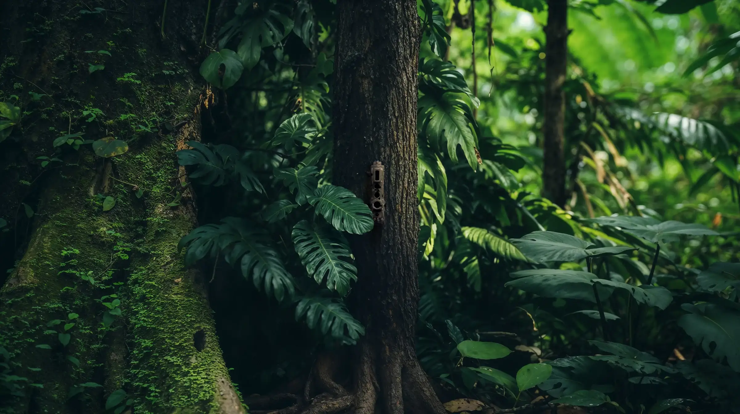 Render del producto de la cámara TrailGuard en un bosque